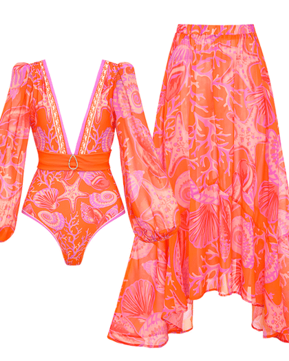 Long-sleeved V Neck Marine Plant Pattern Print One Piece Swimsuit and Skirt